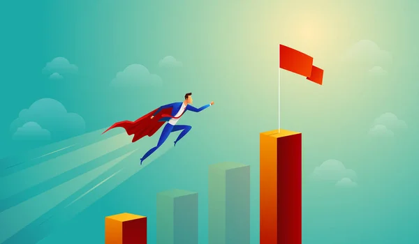 Super zakenman in rode sprong staafdiagram vliegen naar doel. Bedrijfsconcept. — Stockvector