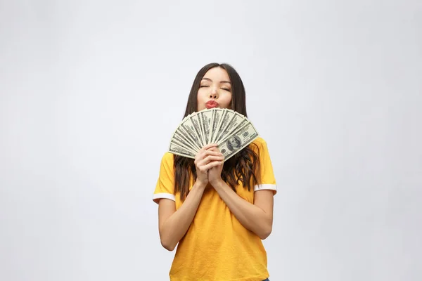 Closeup Portrait Beautiful Asian Woman Holding Money Isolated White Background — Stock Photo, Image