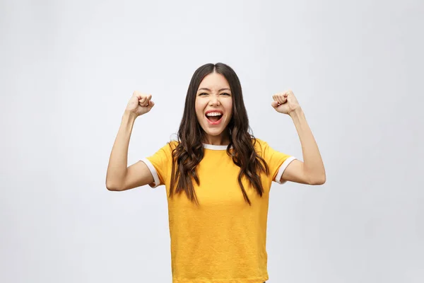 Asiático mujeres felicidad mano hasta con la victoria o el éxito algo . —  Fotos de Stock