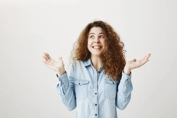 Surprised happy beautiful woman looking excitement. Isolated on gray background — Stock Photo, Image