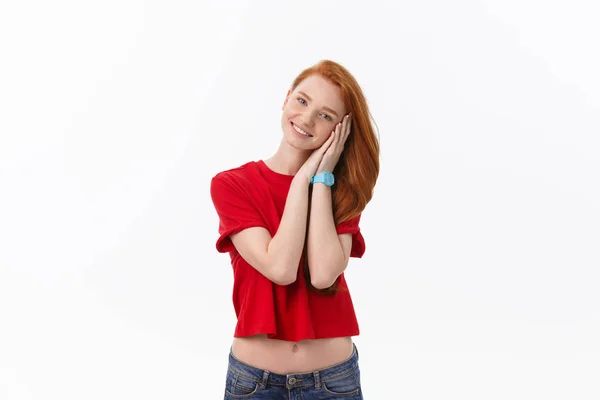 Jovem mulher bonito cansado e muito sonolento isolado sobre fundo branco . — Fotografia de Stock