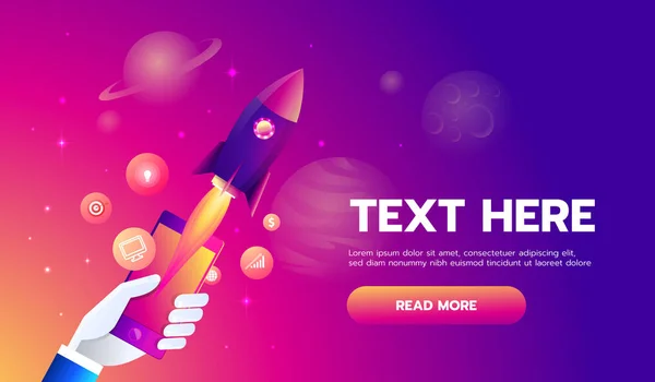 Mobile icons app rocket on the space background. Vector illustration — Stock Vector