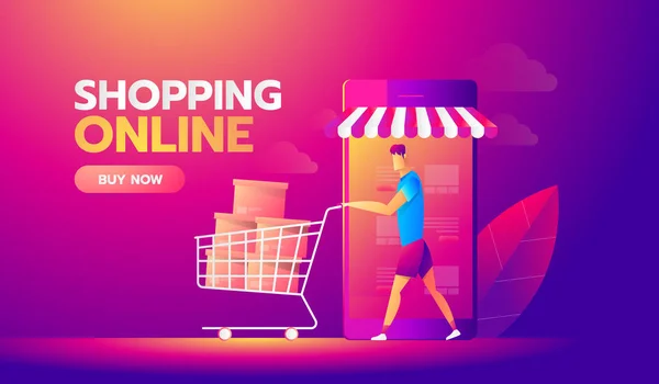 Lachend man karakter met boodschappentassen. Happy shopper. Online Shopping isometrische concept. Grote verkoop. Platte vector illustratie. — Stockvector