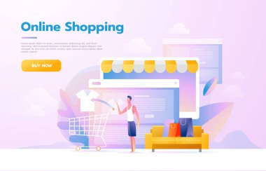 Mobil alışveriş ikullanıyor. Mağazada yürüyen insanlar tablet bilgisayara benziyor. Online alışveriş konsepti. Vektör düz tasarım illüstrasyon.