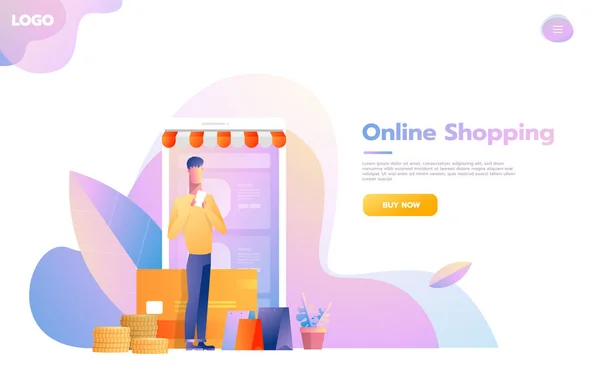 Men using mobile shopping. People walking in the store that looks like a tablet computer. Online shopping concept. Vector flat design illustration. — Stock Vector