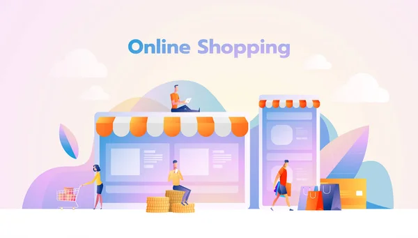 Online Shopping Landing Page. Flat People Personages met boodschappentassen Website Template. Eenvoudig te bewerken en aan te passen. Vectorillustratie. — Stockvector