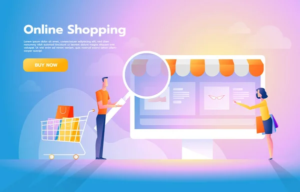 Online betaling via applicatie concept met koppel Shopping op smartphone. Aankopen op internet. Commerce reclame illustratie. — Stockvector