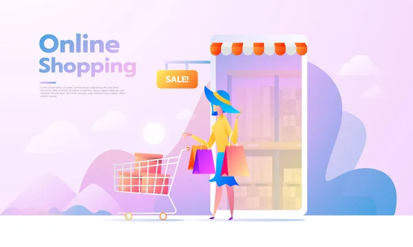 E-commerce buyer. Internet items. Banner young woman shopping online. vector illustrations. Interacting people — Stock Vector