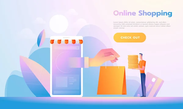 Pessoas de design plano moderno e conceito de negócio para M-Commerce, fácil de usar e altamente personalizável. Conceito moderno de ilustração vetorial . —  Vetores de Stock