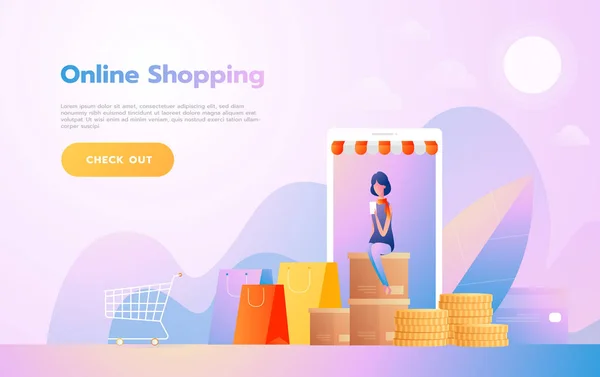 Landing Page Template von Online Shopping. Modernes Konzept des flachen Designs von Webseiten für Webseiten und mobile Webseiten. Vektorillustration — Stockvektor