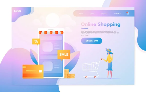 Plantilla de página de destino de compras en línea. Concepto moderno de diseño plano de diseño de página web para sitio web y sitio web móvil. Ilustración vectorial — Vector de stock