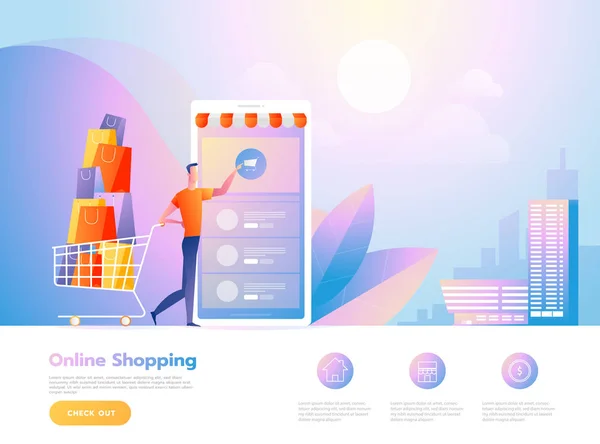 Online shopping people and interact with shop. Landing page template. Isometric vector illustration. — Stock Vector