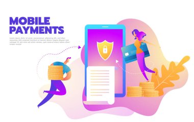 Kredi kartından Mobil ödemeler işleme ile modern smartphone düz tasarım tarzı vektör Illustration. Internet bankacılığı konsepti.