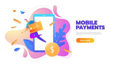 Kredi kartından Mobil ödemeler işleme ile modern smartphone düz tasarım tarzı vektör Illustration. Internet bankacılığı konsepti.