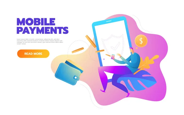 Flat design stil vektor illustration av modern smartphone med bearbetning av mobila betalningar från kreditkort. Internet bank koncept. — Stock vektor