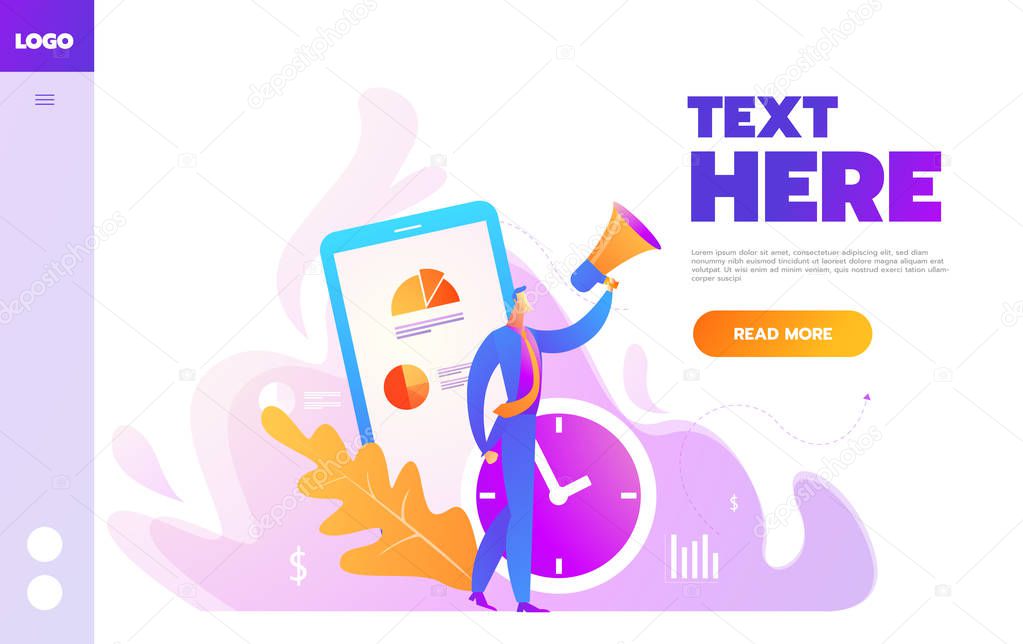Businessman with Megaphone working on advertising. New advertising technology. Website vibrant violet landing web page template