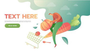 Alışveriş arabasında alışveriş yapan bir adam. Beyaz arka planda izole edilmiş. Düz biçimli vektör illüstrasyonu