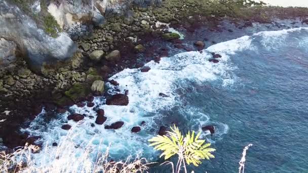 Top View of the Giant Waves, Foaming and Splashing in the Ocean, Sunny Day, Slow Motion Video, Indonesia, Bali — Stock Video