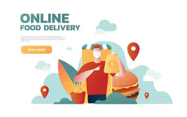 Online Teslimat Yemeği. Virüs Covid-19 'u önlemek için Sosyal Mesafe, Enfeksiyonu Azaltmak İçin Mesafeyi Korumak. Düz Vektör İllüstrasyonu