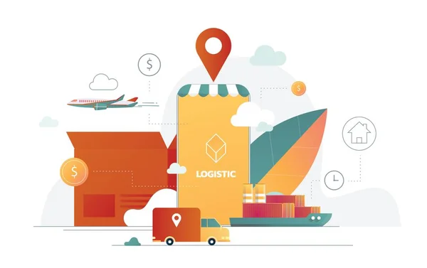 Leveransservice vektor illustration för logistik transport mobil applikationsteknik. Isometrisk affisch design av smartphone och leverans lastbil. — Stock vektor