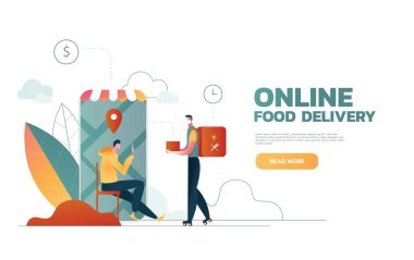 Yemek dağıtım servisi. Mobil uygulama. Bisiklet süren büyük sırt çantalı genç bir kurye. Düz düzenlenebilir vektör illüstrasyonu, klip sanatı.