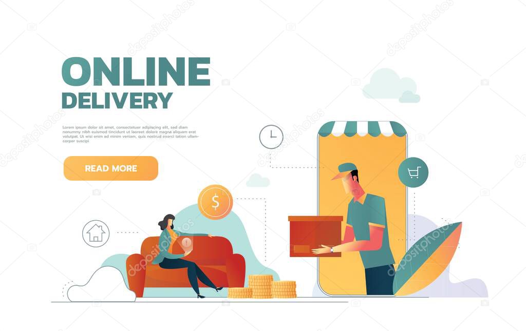 Isometric flat vector landing page template of express delivery service, courier service, goods shipping, food online ordering. Vector illustration.