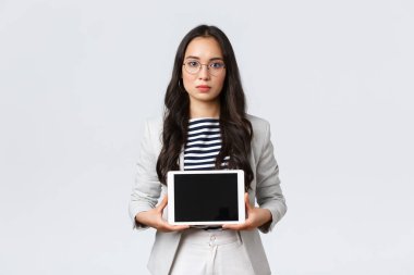 İş, finans ve istihdam, başarılı kadın girişimciler konsepti. Ciddi görünümlü ofis müdürü, Asyalı bayan çalışan dijital tablet ekranda ürününü tanıtıyor.