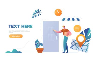 Express Courier Özel Teslimatçı Çocuk Postacı Karton Kutu Çalma Müşteri Kapısı Arkaplan Çizgi Film Tasarım Vektör İlülasyonu
