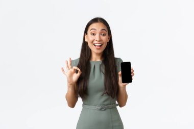 Küçük işletme sahipleri, kadın girişimciler konsepti. Tatmin olmuş Asyalı bayan müşteri, elbise giymiş kadın akıllı telefon ekranı uygulaması gösteriyor, tamam jest yapın, başvuru önerin