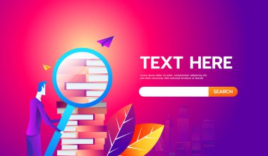İnternet araması. Düz tasarım iş adamları kavramı. Web afişi, iş sunumu, reklam materyali için vektör illüstrasyon kavramı.