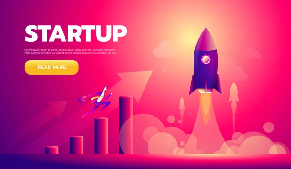 Cartoon character, businessman flying in startup rocket. Vector eps10. — Stock Vector