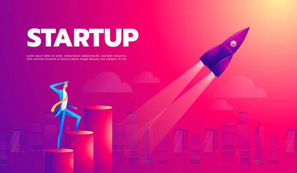 Cartoon karakter, zakenman vliegen in startup raket. Vector eps10. — Stockvector