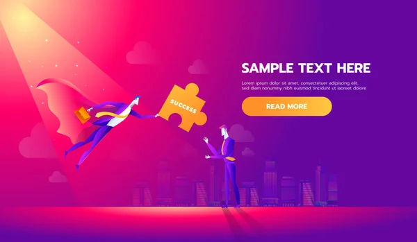 ビジネスマンはジグソーパズルのピースを成功させる。ジョイントベンチャー、パートナーシップ、チームワークのビジネス比喩。平面図ベクトル図. — ストックベクタ