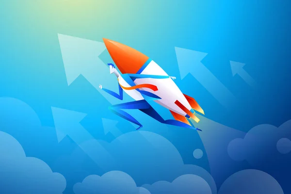Zakenman vliegen op raket, grafiek die toename van de verkoop toont, vector illustratie in plat ontwerp — Stockvector