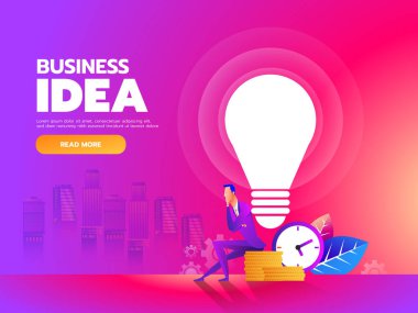 Düşünen adam. Fikir ampulü ve para geçmişi olan bir iş adamı. Vektör illüstrasyonu