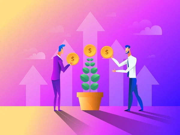 Concepto de negocio en diseño plano. Gente reuniendo, plantando y cuidando dinero para su árbol de dinero. Ilustración vectorial — Vector de stock