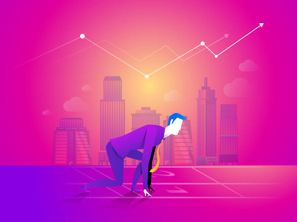 Business man is ready to run at start point on business chart background.