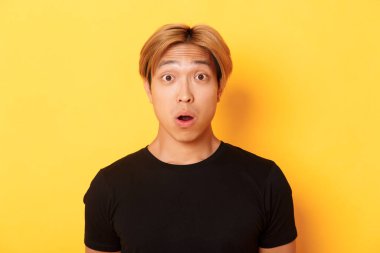 Şaşırmış, nutku tutulmuş Asyalı adamın yakın çekimi, çenesini indir ve kaşlarını kaldırarak şaşırt, sarı arka planın üzerinde dur.