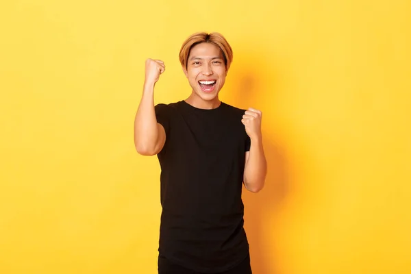 Retrato de triunfante confiante asiático homem, punho bomba e sorrindo feliz, celebrando vitória ou realização, de pé fundo amarelo — Fotografia de Stock