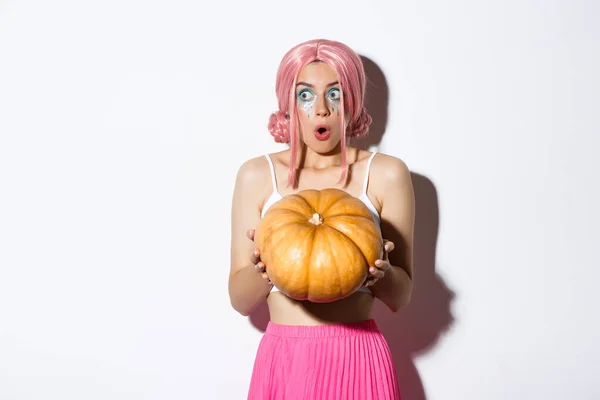 Portret van een verbaasd jong feestvarken in roze pruik, met grote pompoen en links kijkend in ontzag, Halloween vierend, staand over een witte achtergrond — Stockfoto