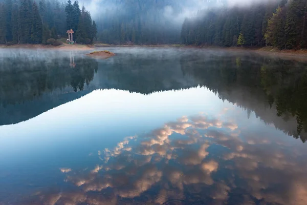 Superfície Nebulosa Reflexão Florestal Lago Synevyr Início Manhã Maior Lago — Fotografia de Stock