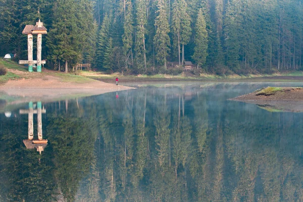 霧の表面と早朝にSynevyr湖の森の反射 美しい春の朝にウクライナで最大の山の湖 — ストック写真