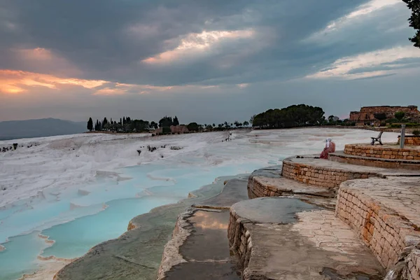 Sonnenuntergang Travertin Pools Und Terrassen Pamukkale Türkei — Stockfoto