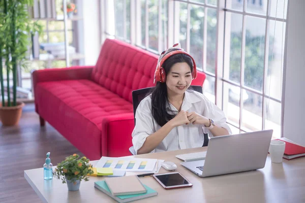 Top View Young Asian Woman Working Laptop Computer Living Room Stock Image