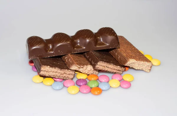 Colorful Candies Chocolate Chip Cookies Chocolate Table — Stock Photo, Image