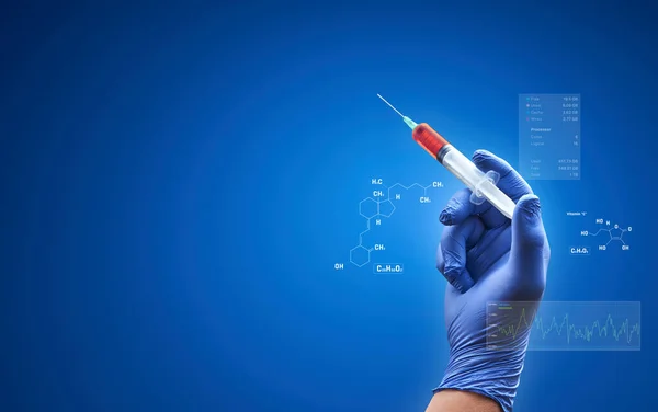 Doctor hand with medical needle syringe drug.  Chemistry molecule structure code and data over the subject against deep blue background. Medical concept for health care, research, and science.