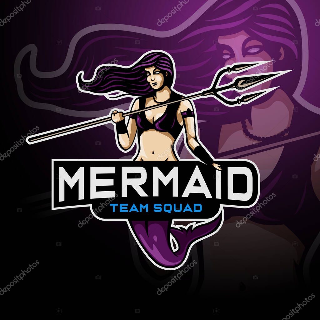 Mermaid holding a trident spear logo esport