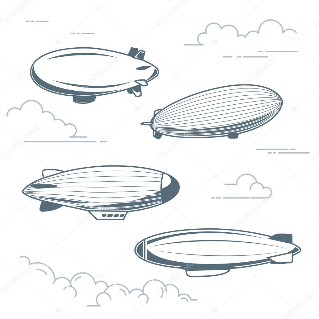 Collection of vintage airships - hot air balloons, blimps and dirigibles