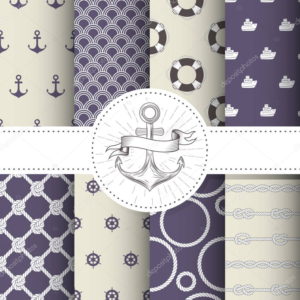 Set of marine and nautical backgrounds - sea theme seamless patterns collection