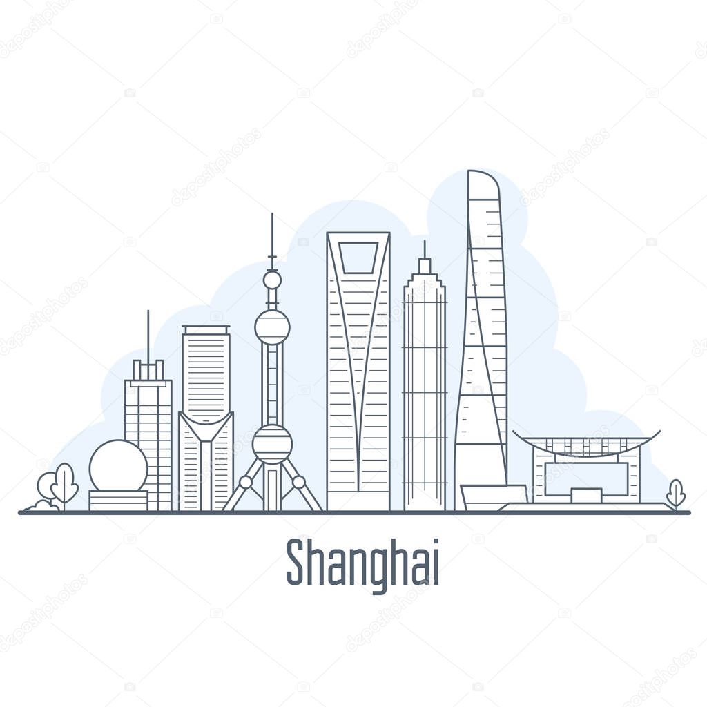 Shanghai city skyline - cityscape with landmarks in liner style